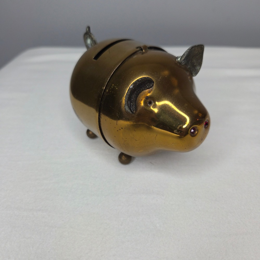 Vintage Brass Piggy Bank Jeweled Red Eyes Hinged Metal Pig Coin Bank MCM Decor